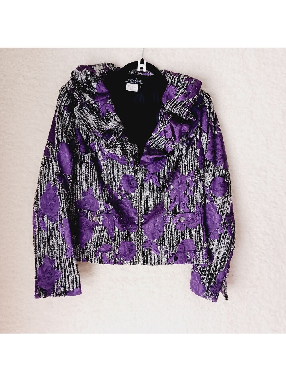 Jacket Women Silver Metallic Purple City Girl Ruffle Zipper Snap Pocket Size M